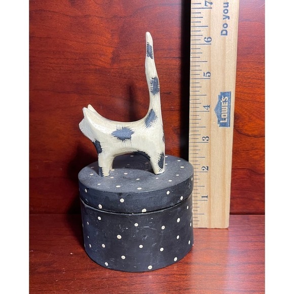 Cat Lovers Polka Dot Wooden Cat Trinket Box W/Tail Up 6.5" H x 3.5" W - Picture 4 of 8
